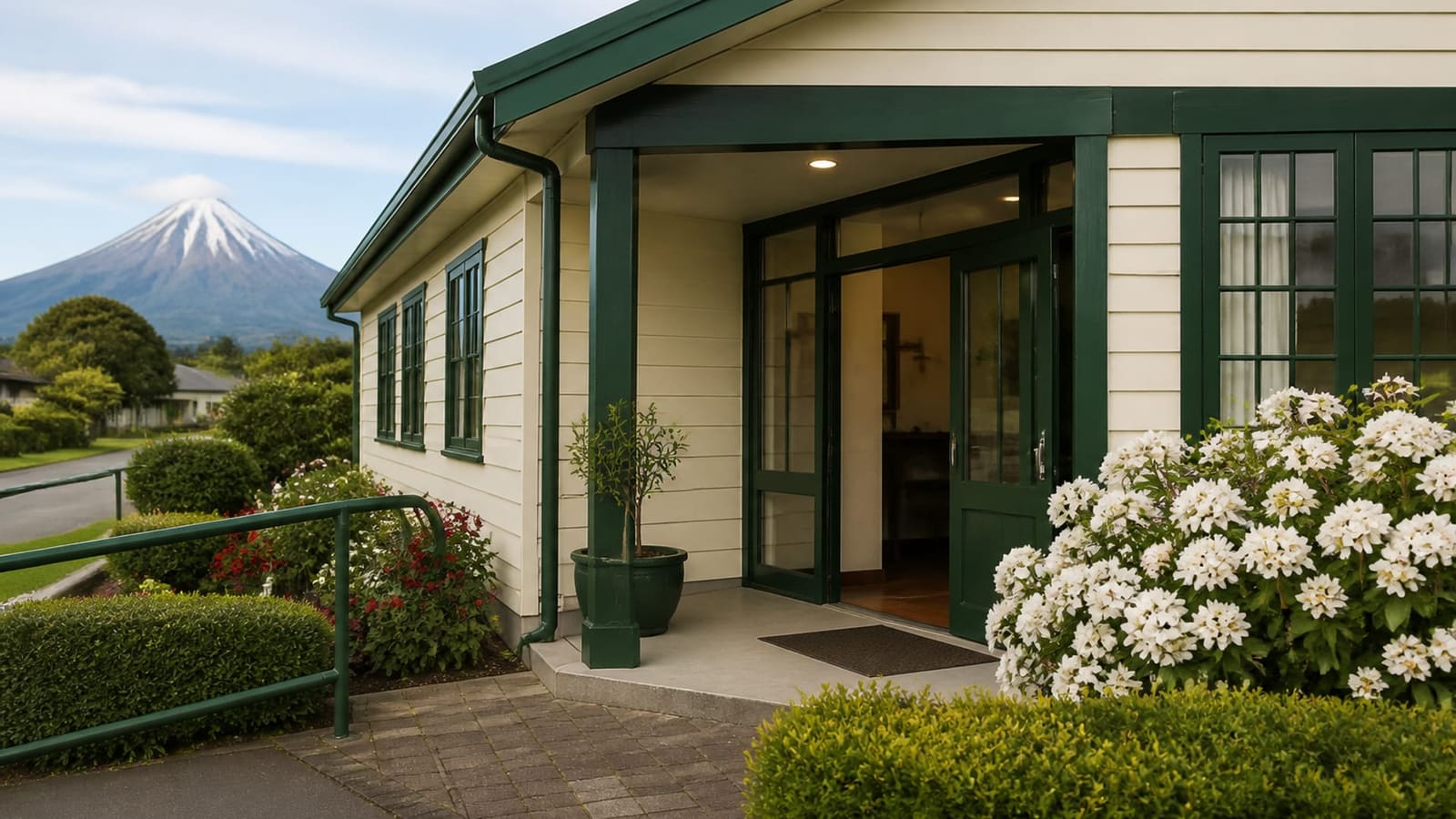 Parish office entrance with Mount Taranaki beyond